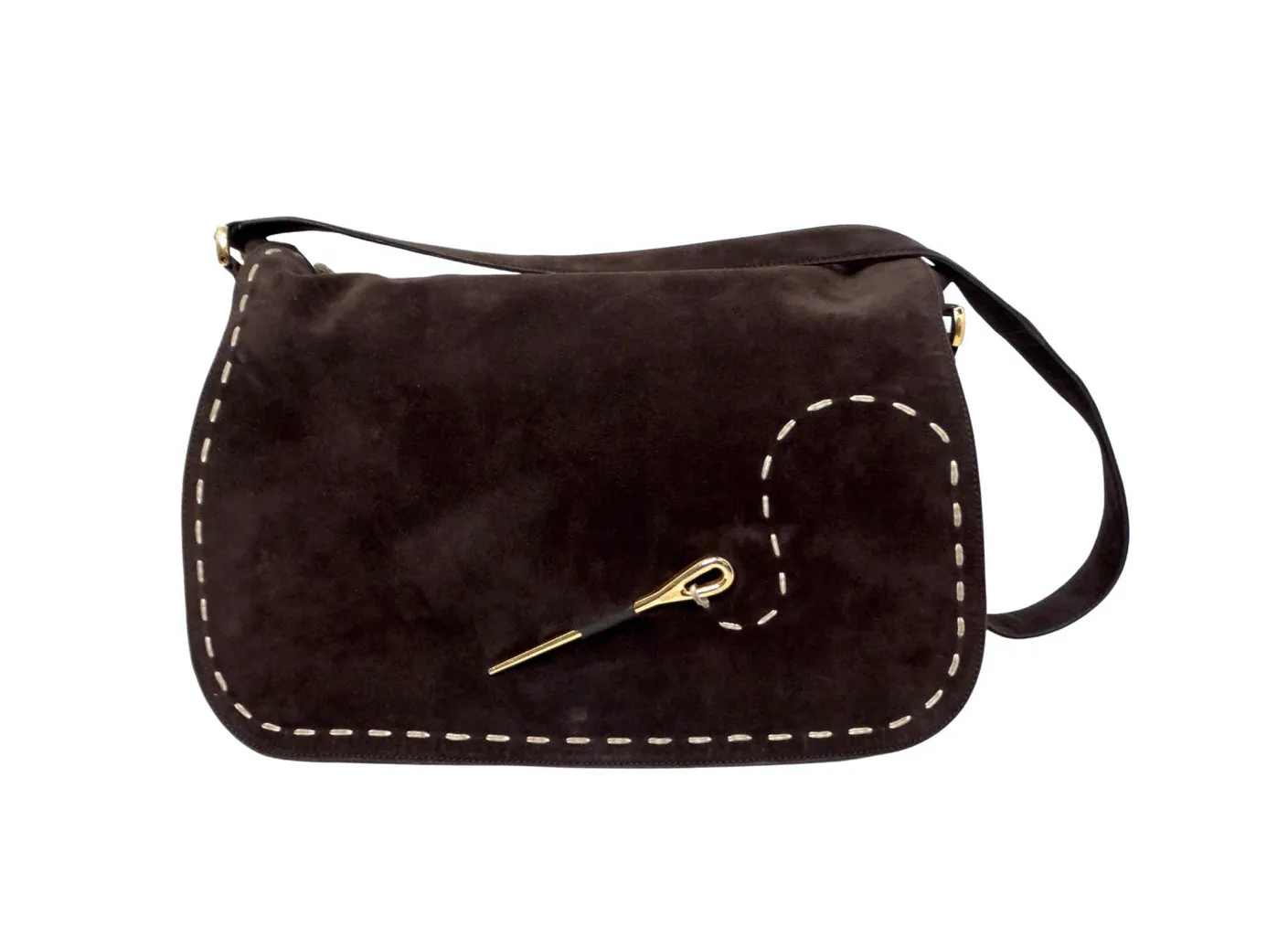 1990s Moschino Espresso Suede Needle & Stitch Messenger Bag
