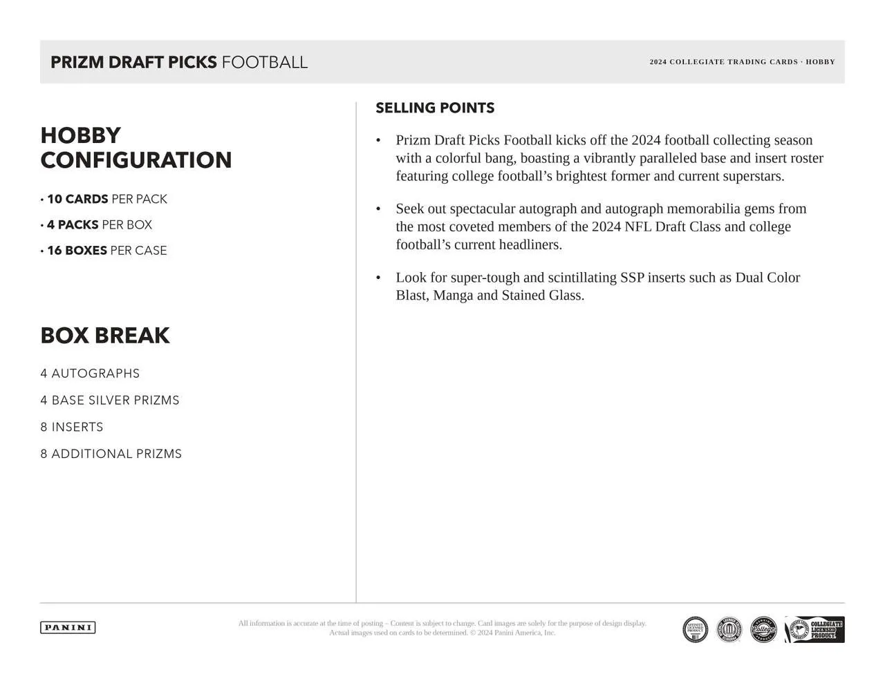 2024 Panini Prizm Collegiate Draft Football Hobby Box