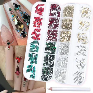 2520Pcs Red Champagne Gold Emerald Green White Nail Rhinestones Crystals Mix Colored Multi Shaped Sized Nail Beads Glass Gems Stones Nail Crystals Rhinestones with Pen for Nail DIY Crafts Jewelry