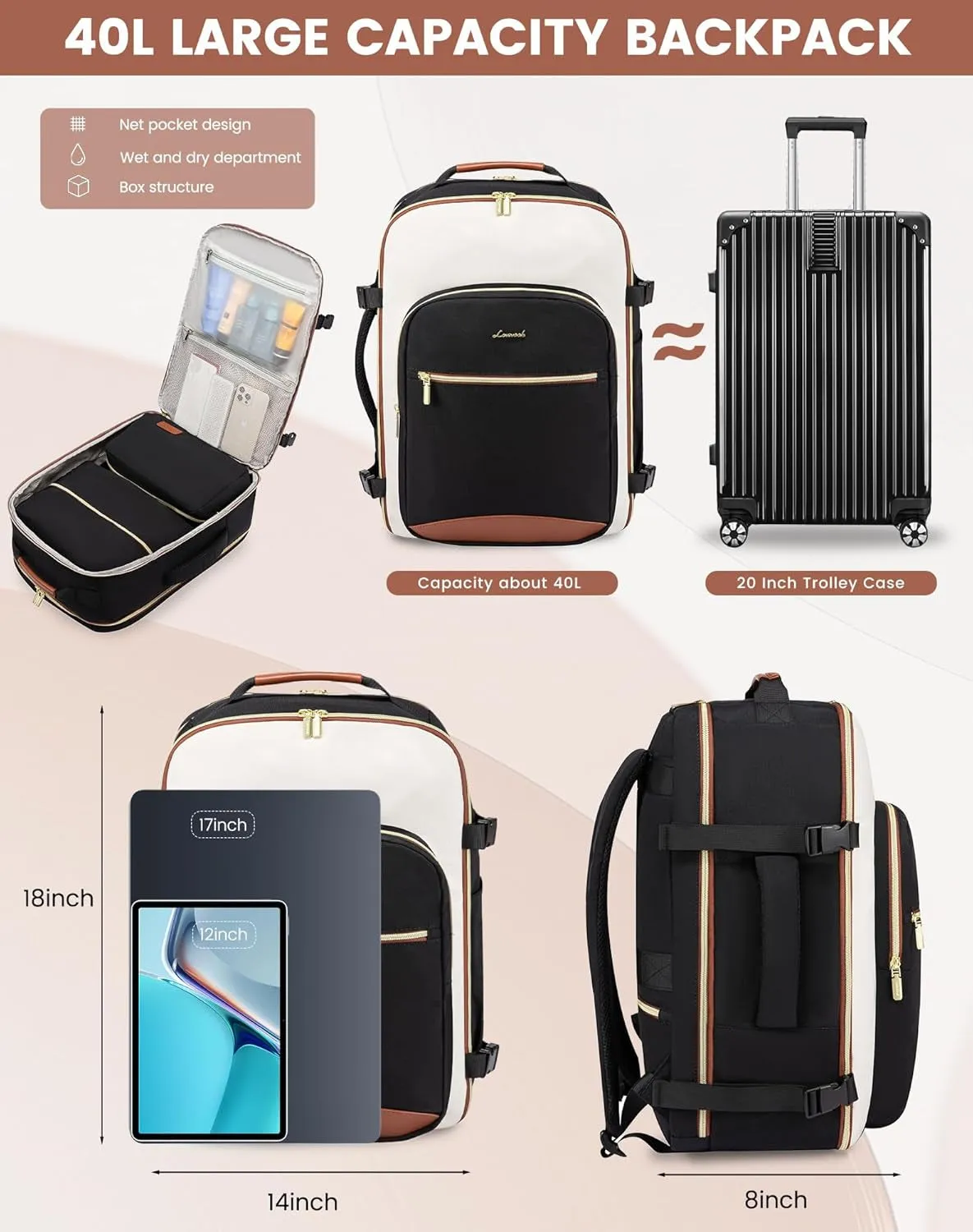 40L Travel Backpack with 3 Packing Cubes, Fits 17" Laptop