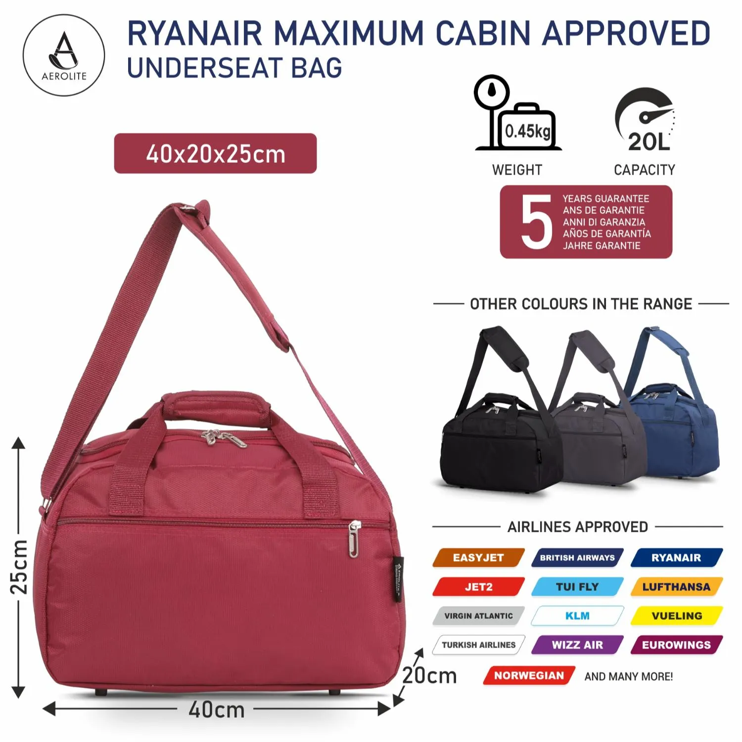 Aerolite (40x20x25cm) New and Improved 2024 Ryanair Maximum Size Holdall Cabin Luggage Under Seat Flight Bag