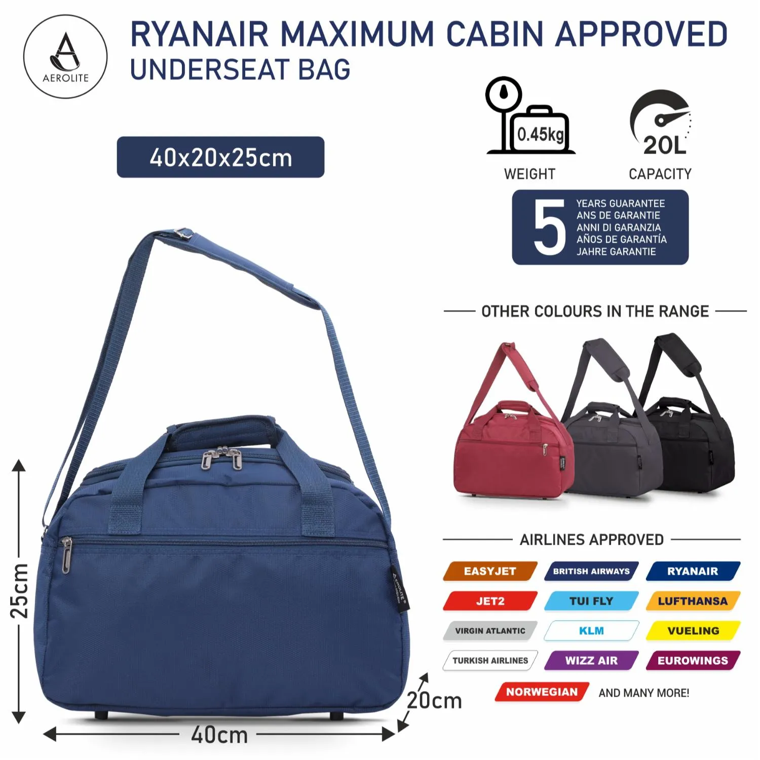 Aerolite (40x20x25cm) New and Improved 2024 Ryanair Maximum Size Holdall Cabin Luggage Under Seat Flight Bag