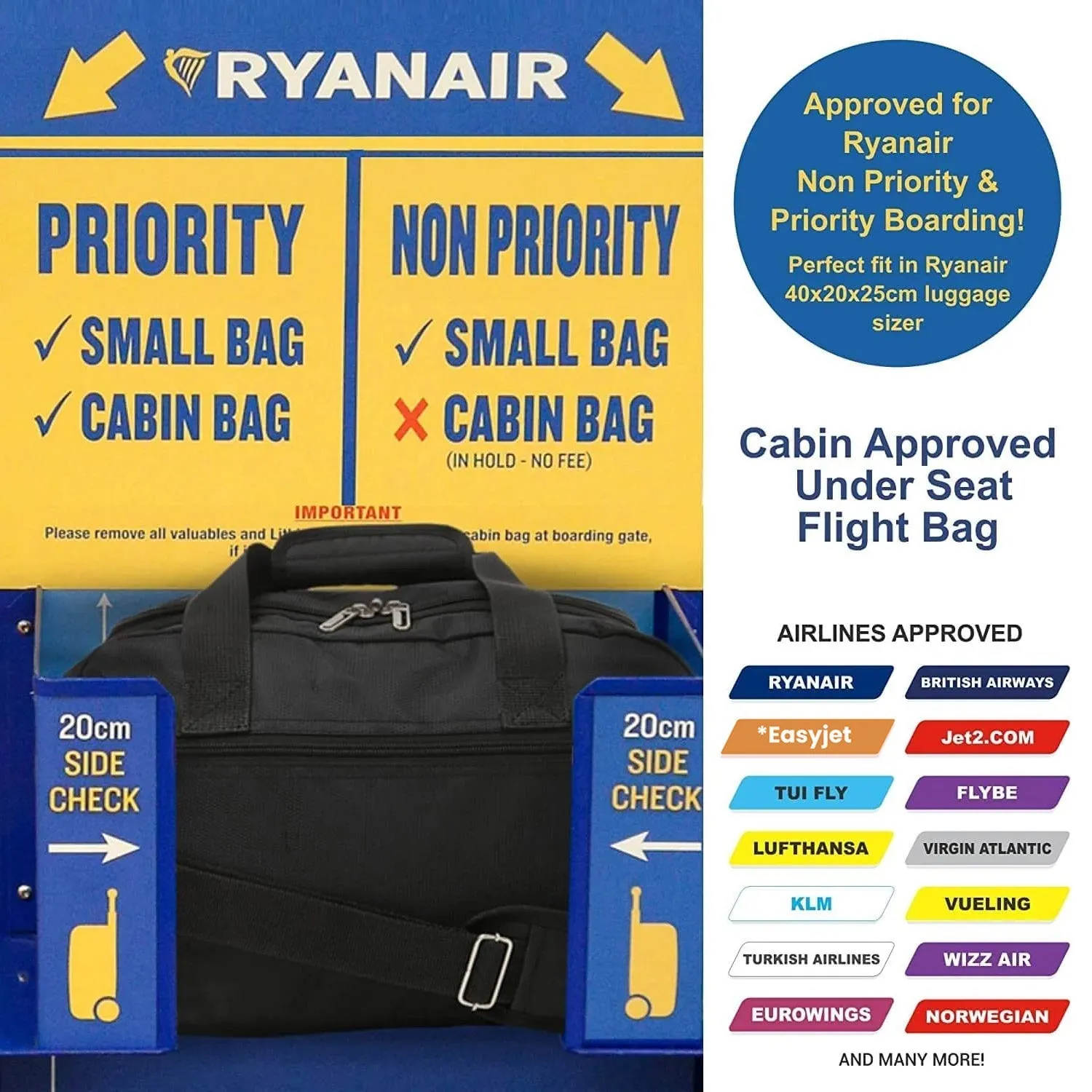 Aerolite (40x20x25cm) New and Improved 2024 Ryanair Maximum Size Holdall Cabin Luggage Under Seat Flight Bag