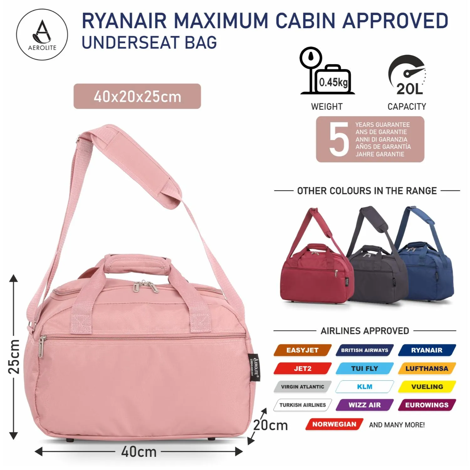 Aerolite (40x20x25cm) New and Improved 2024 Ryanair Maximum Size Holdall Cabin Luggage Under Seat Flight Bag