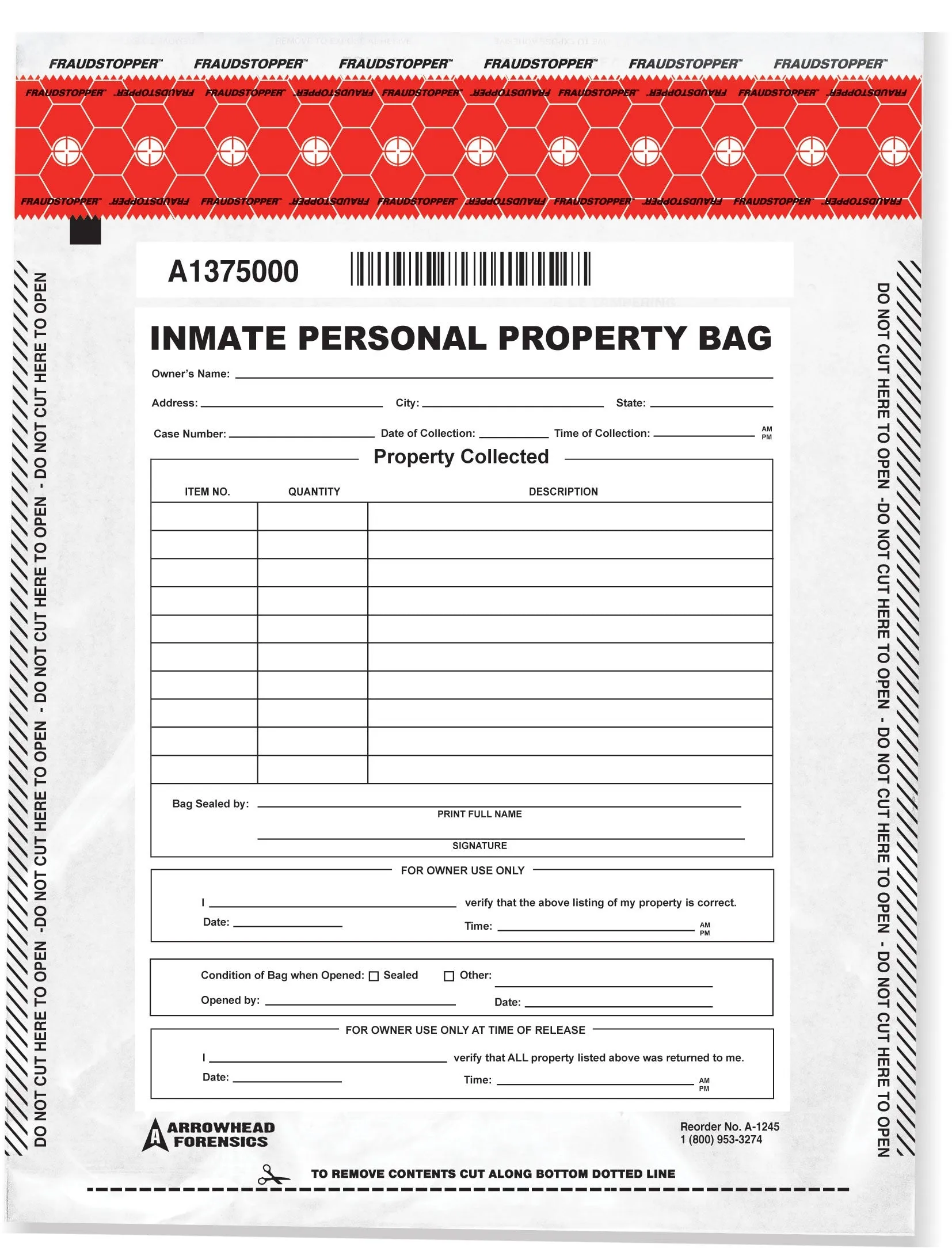 Arrowhead Forensics SureSeal Tamper Indicating Inmate Personal Property Storage Bag - 20” x 20” - 100/pk