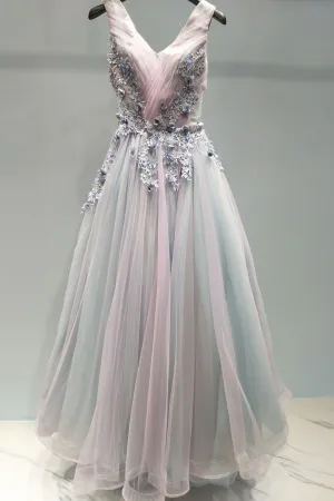 Beautiful A-line V-neck Sweep Train Sleeveless Appliques Beading Long Colorful Chic Tulle Prom Dresses  OHC252