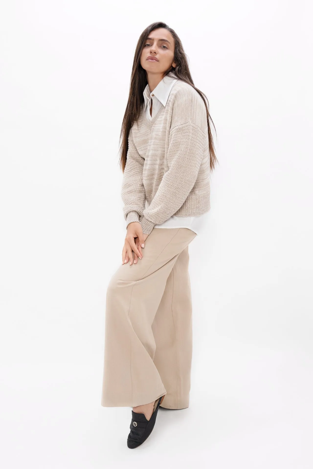 Beige Wool V Neck Sweater