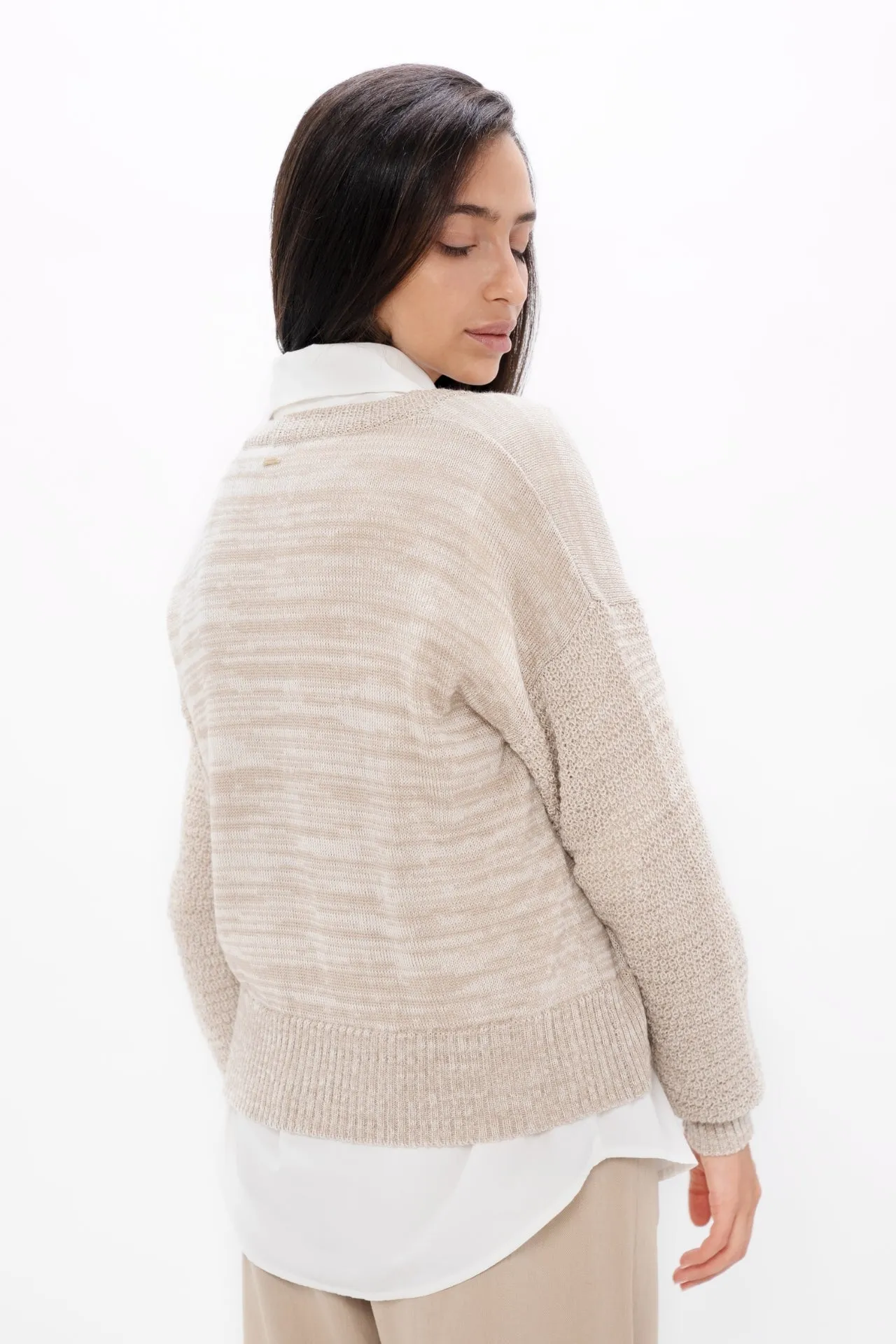 Beige Wool V Neck Sweater