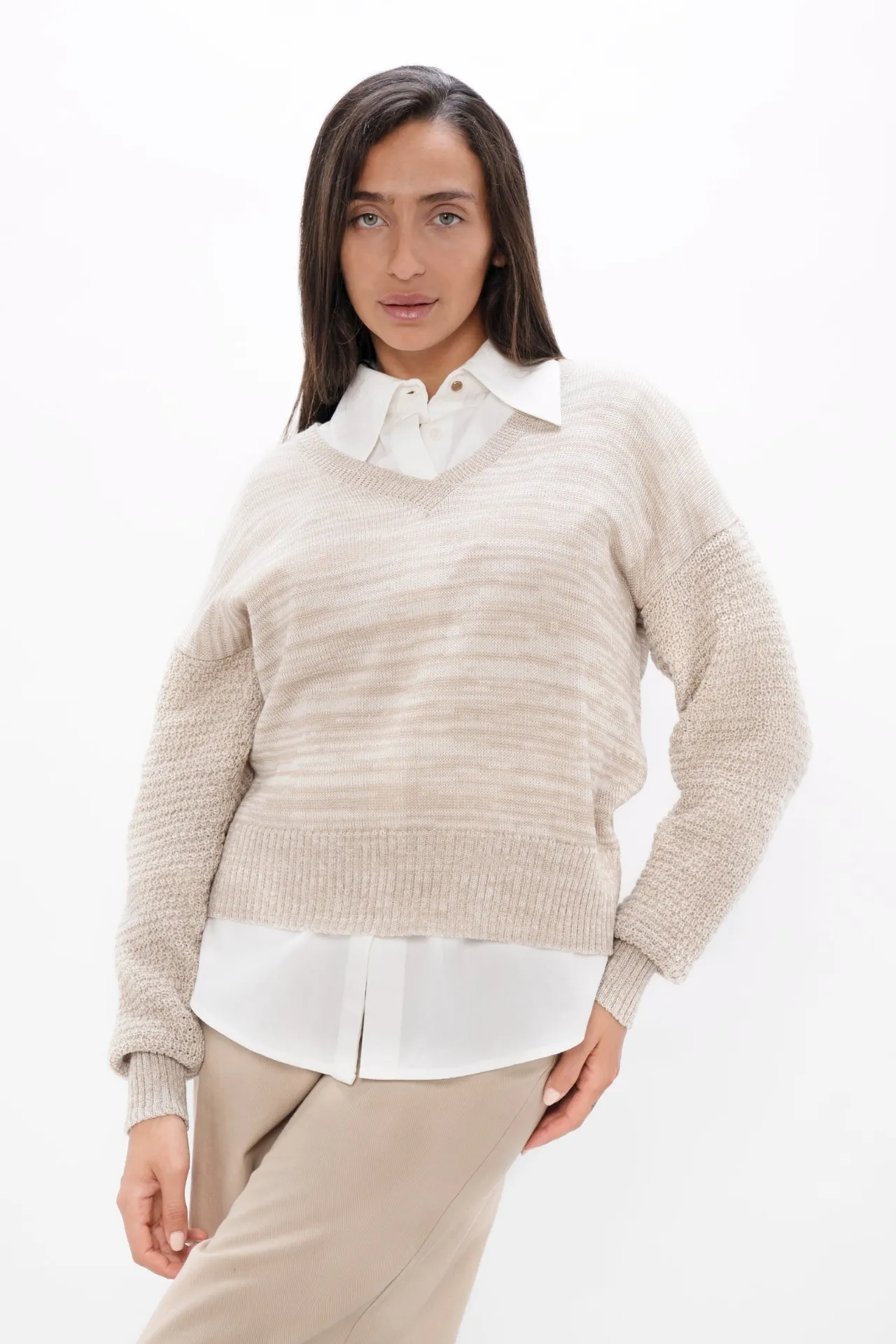Beige Wool V Neck Sweater
