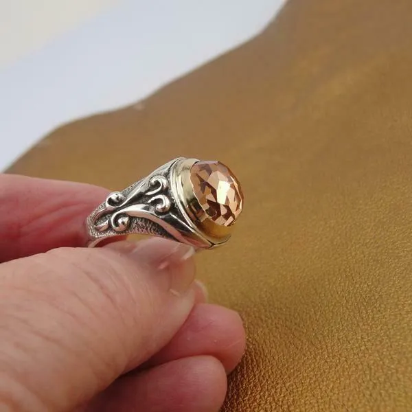 Champagne Zircon Ring 9k Yellow Gold 925 Silver 8,9,10 Handmade Hadar Designers