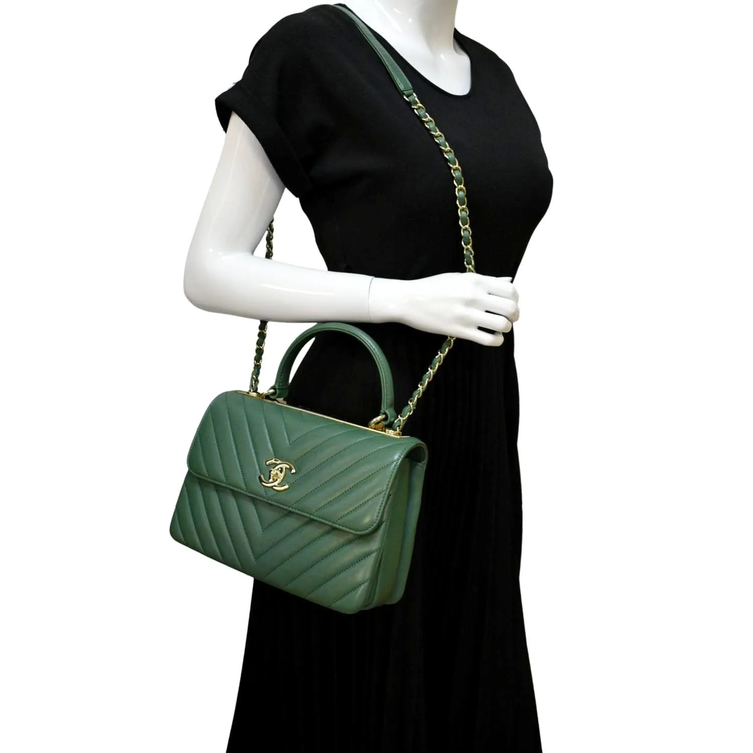 CHANEL Trendy CC Chevron Top Handle Flap Shoulder Bag Green