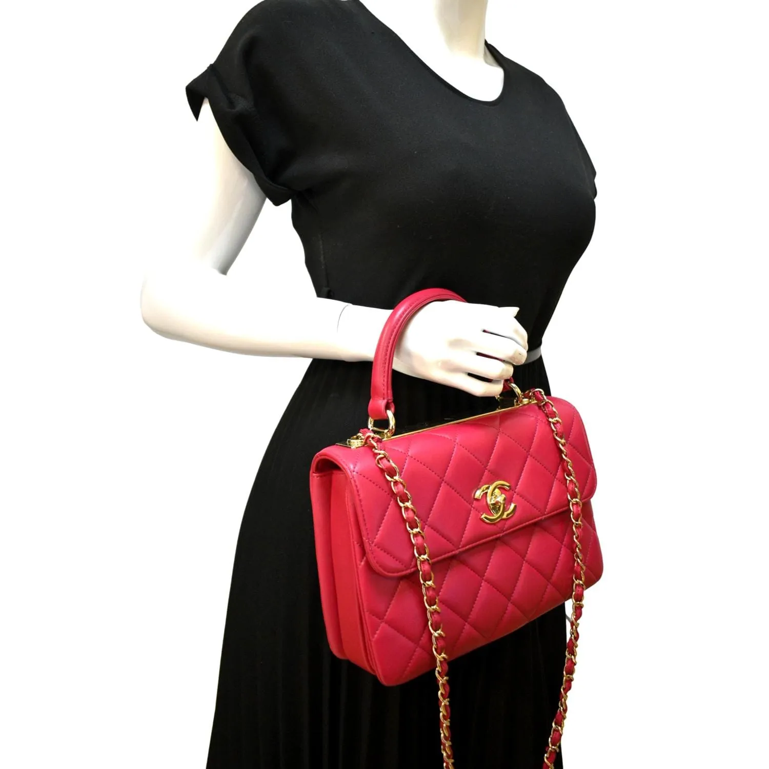 CHANEL Trendy CC Top Handle Flap Quilted Leather Shoulder Bag Pink