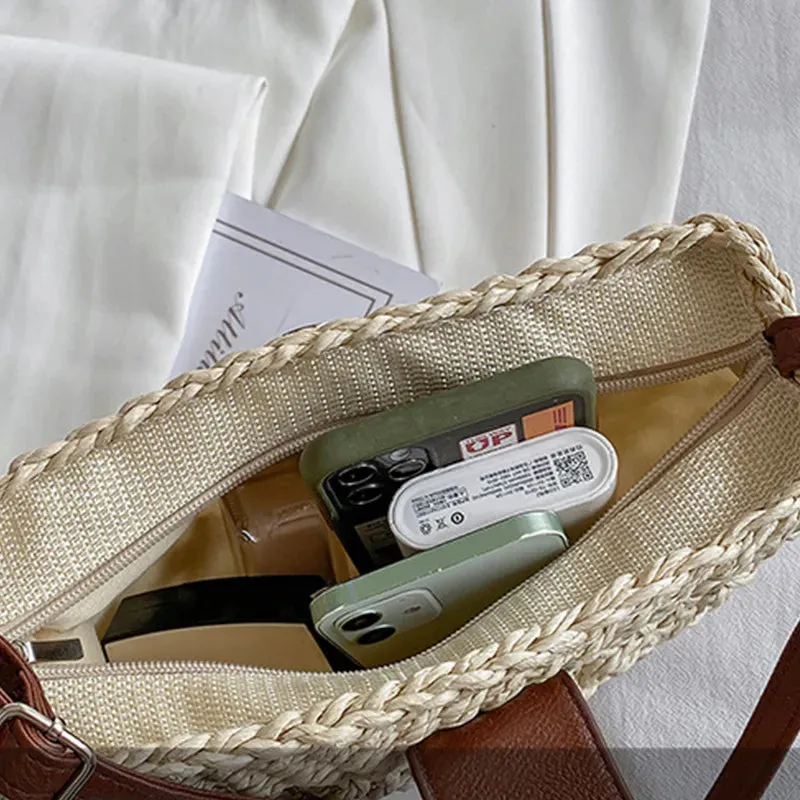 Christianartbag Handmade Bag, Summer & Autumn Straw Bag For Women Fashion Semicircle Crossbody Bags Rattan Handmade Messenger Handbag Travel Beach Bags Tote, CABHMB05141023.