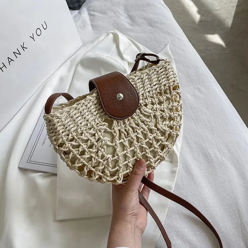 Christianartbag Handmade Bag, Summer & Autumn Straw Bag For Women Fashion Semicircle Crossbody Bags Rattan Handmade Messenger Handbag Travel Beach Bags Tote, CABHMB05141023.