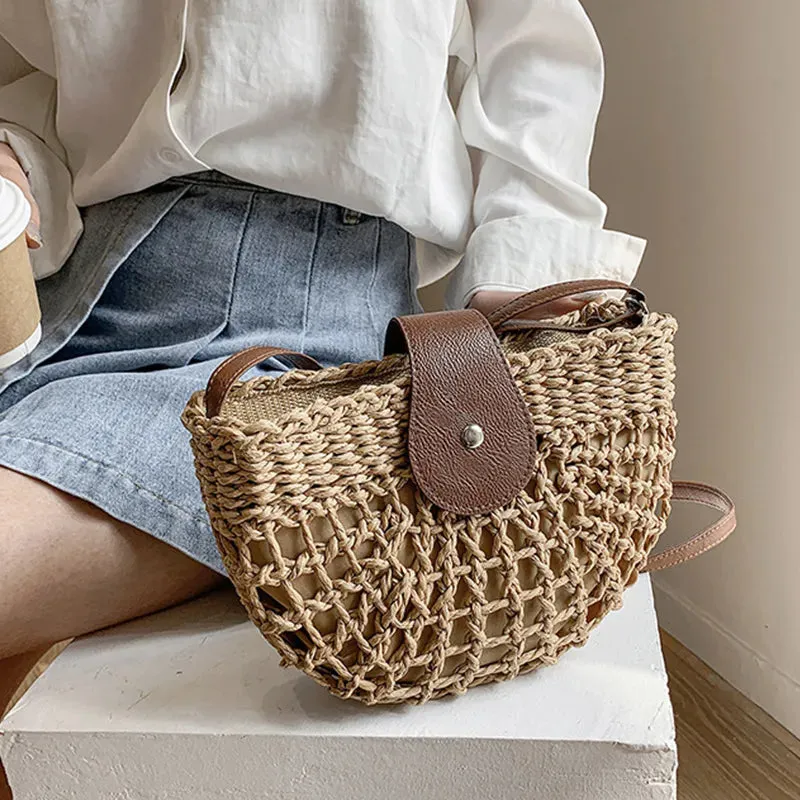 Christianartbag Handmade Bag, Summer & Autumn Straw Bag For Women Fashion Semicircle Crossbody Bags Rattan Handmade Messenger Handbag Travel Beach Bags Tote, CABHMB05141023.