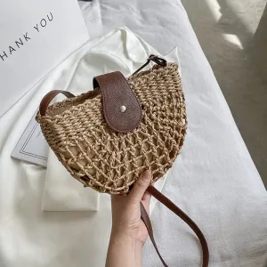 Christianartbag Handmade Bag, Summer & Autumn Straw Bag For Women Fashion Semicircle Crossbody Bags Rattan Handmade Messenger Handbag Travel Beach Bags Tote, CABHMB05141023.