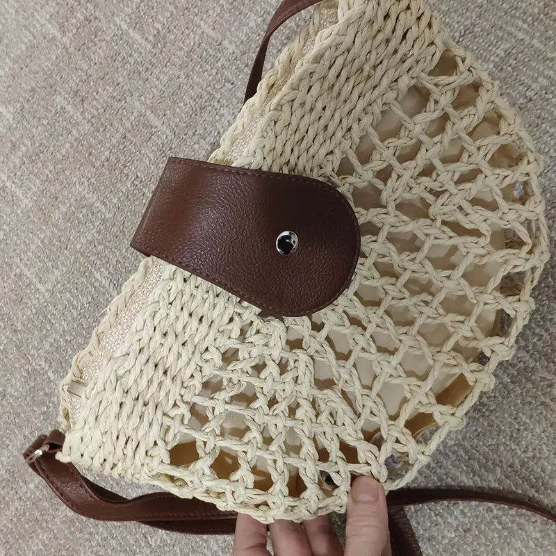 Christianartbag Handmade Bag, Summer & Autumn Straw Bag For Women Fashion Semicircle Crossbody Bags Rattan Handmade Messenger Handbag Travel Beach Bags Tote, CABHMB05141023.
