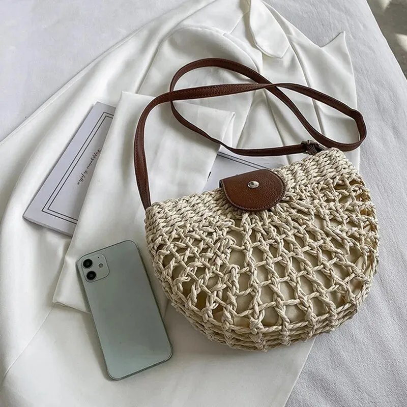 Christianartbag Handmade Bag, Summer & Autumn Straw Bag For Women Fashion Semicircle Crossbody Bags Rattan Handmade Messenger Handbag Travel Beach Bags Tote, CABHMB05141023.