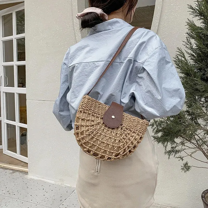 Christianartbag Handmade Bag, Summer & Autumn Straw Bag For Women Fashion Semicircle Crossbody Bags Rattan Handmade Messenger Handbag Travel Beach Bags Tote, CABHMB05141023.