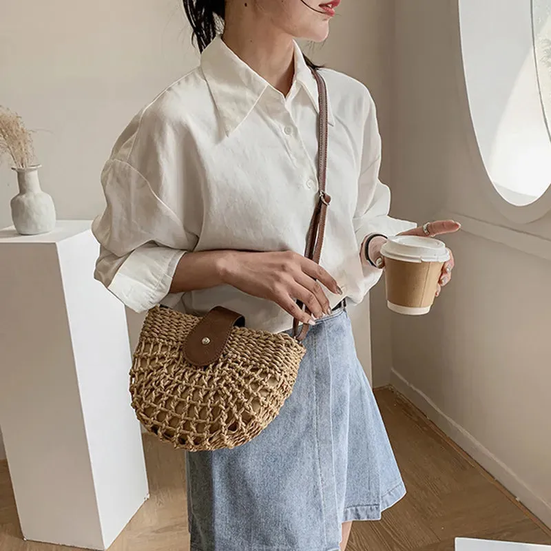 Christianartbag Handmade Bag, Summer & Autumn Straw Bag For Women Fashion Semicircle Crossbody Bags Rattan Handmade Messenger Handbag Travel Beach Bags Tote, CABHMB05141023.