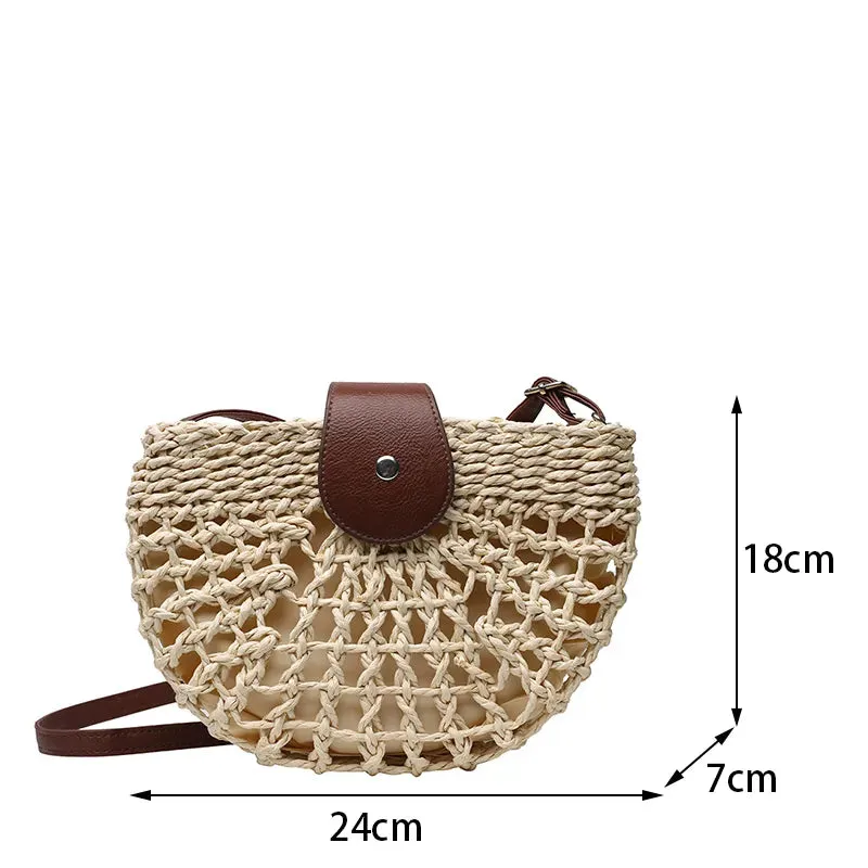 Christianartbag Handmade Bag, Summer & Autumn Straw Bag For Women Fashion Semicircle Crossbody Bags Rattan Handmade Messenger Handbag Travel Beach Bags Tote, CABHMB05141023.