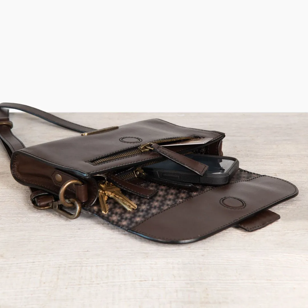 Dalton -  Horse Bit Crossbody Bag in Deep Brown Italian Leather with Brass Hardware