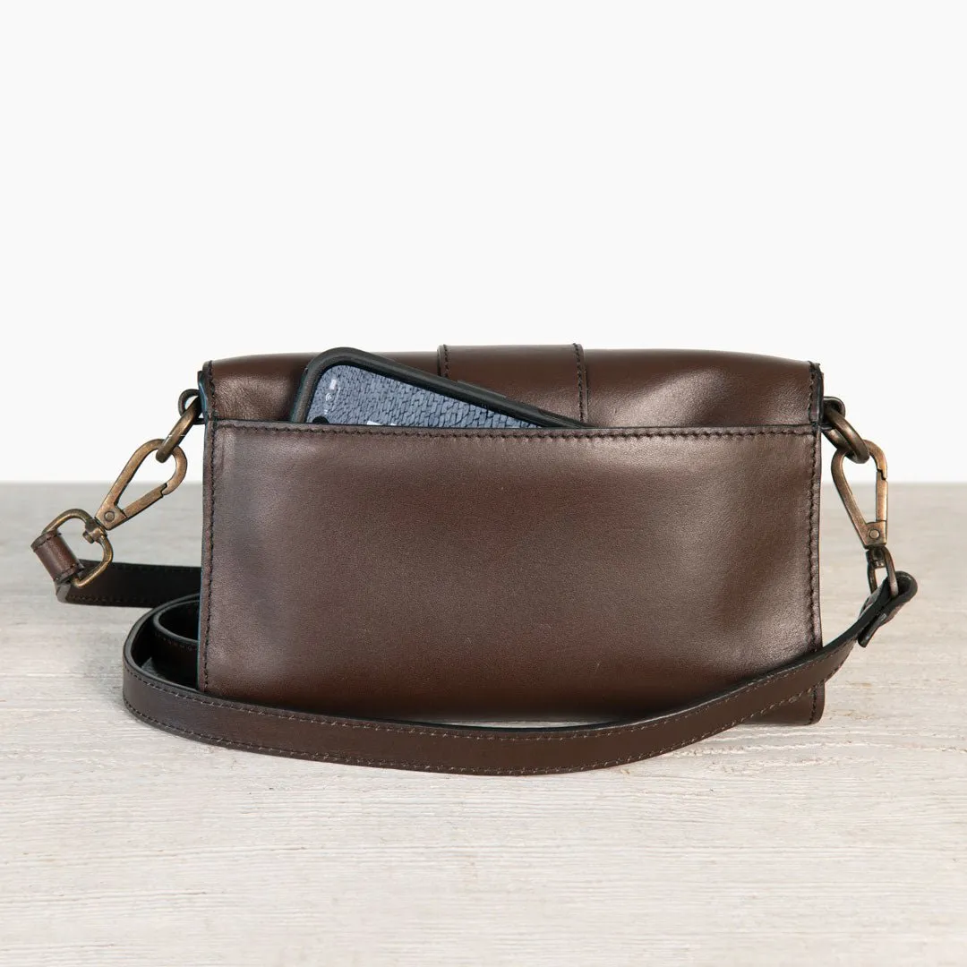 Dalton -  Horse Bit Crossbody Bag in Deep Brown Italian Leather with Brass Hardware