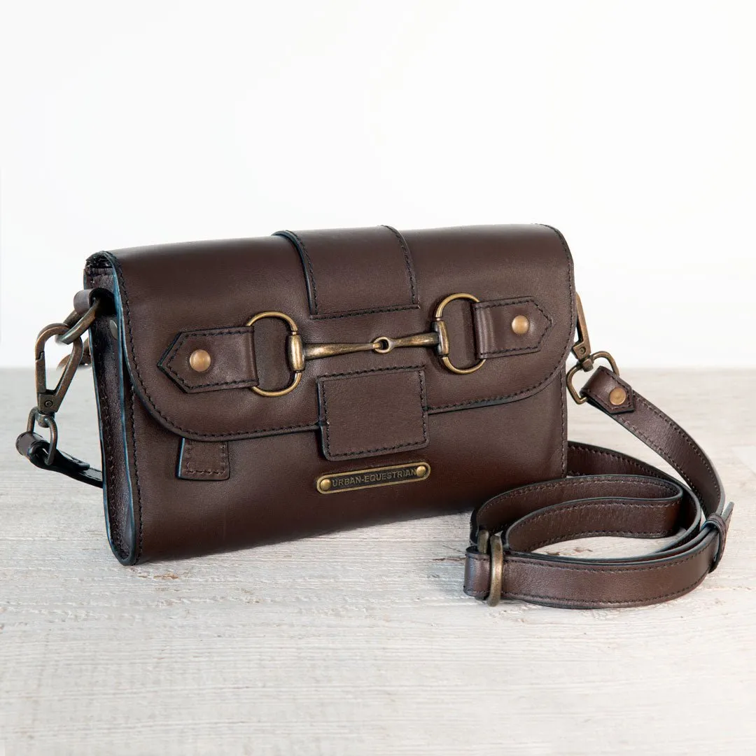 Dalton -  Horse Bit Crossbody Bag in Deep Brown Italian Leather with Brass Hardware
