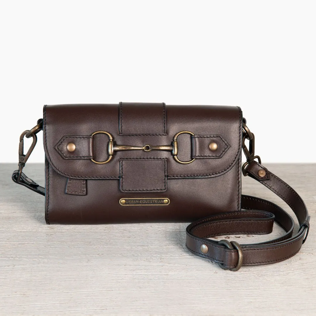 Dalton -  Horse Bit Crossbody Bag in Deep Brown Italian Leather with Brass Hardware