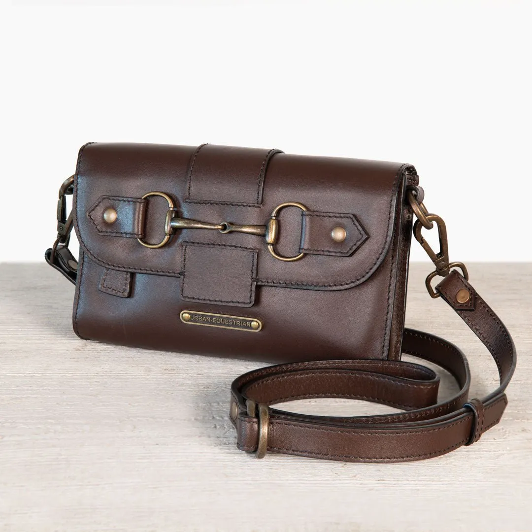Dalton -  Horse Bit Crossbody Bag in Deep Brown Italian Leather with Brass Hardware