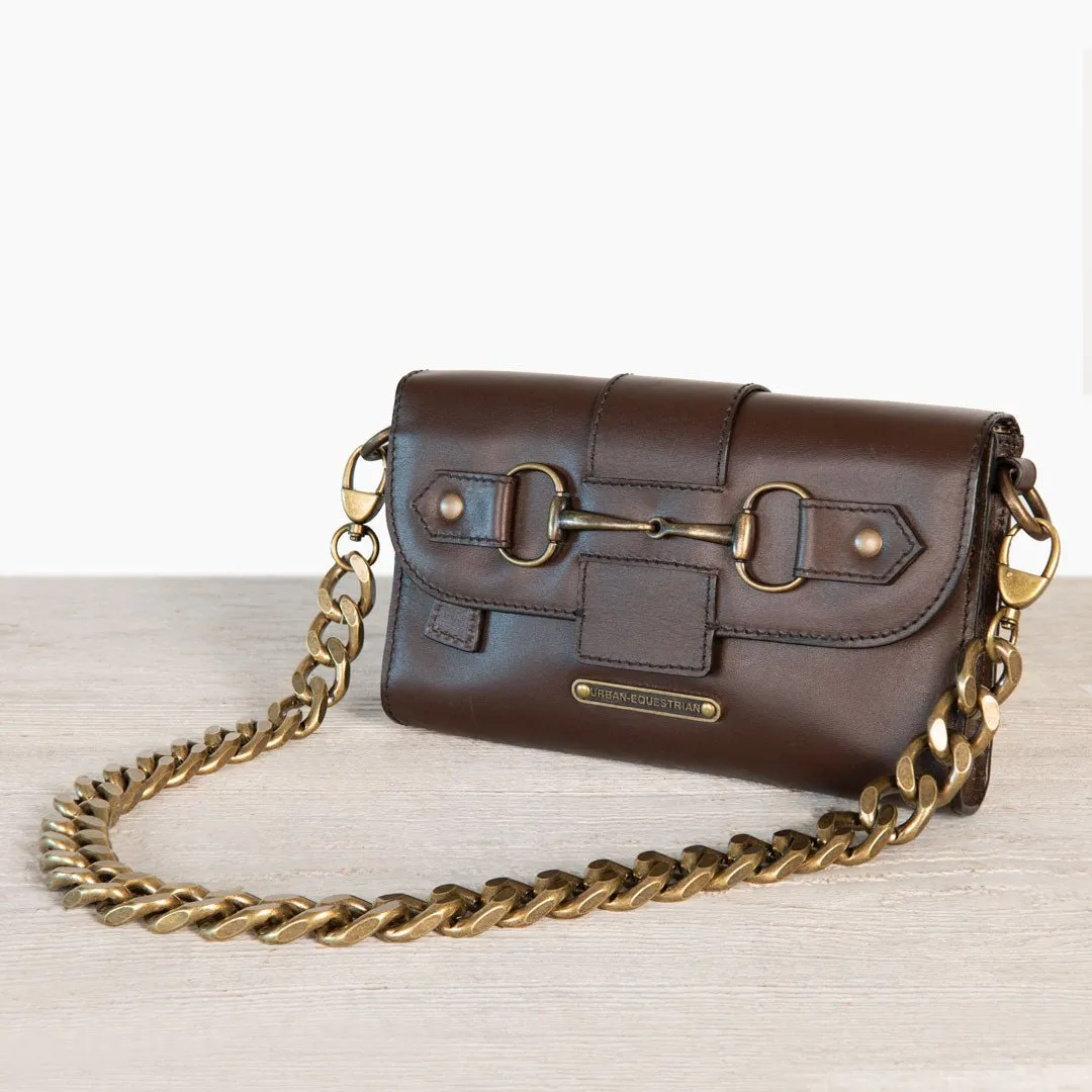 Dalton -  Horse Bit Crossbody Bag in Deep Brown Italian Leather with Brass Hardware