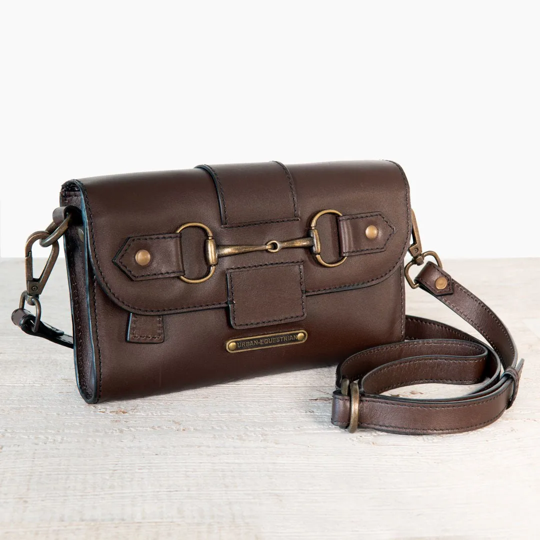 Dalton -  Horse Bit Crossbody Bag in Deep Brown Italian Leather with Brass Hardware