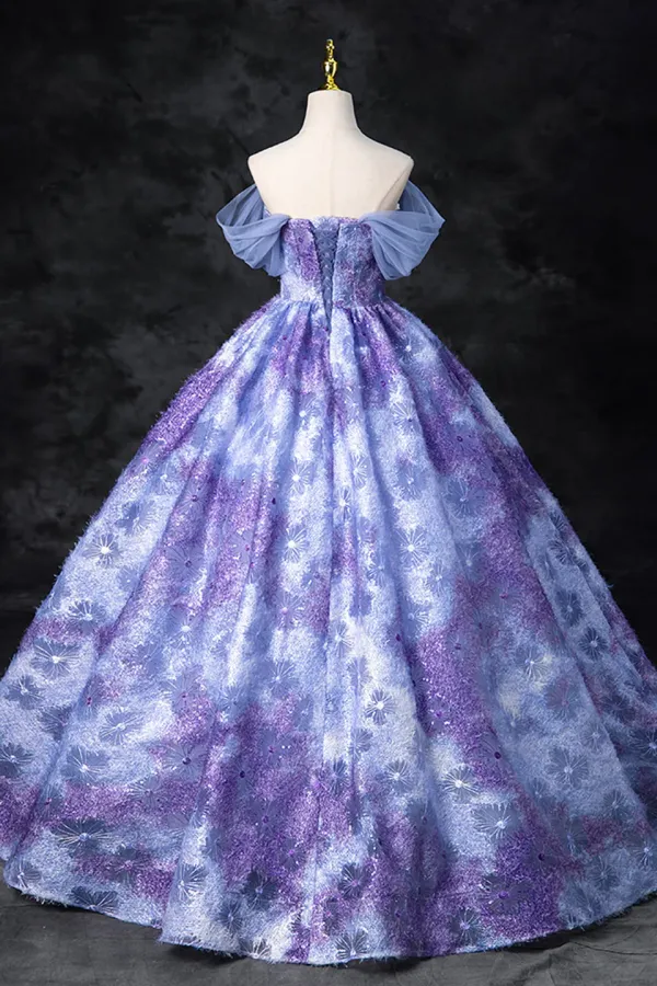 Dreamy Colorful Flowers Purple/blue Prom Dress, Fairy Off the Shoulder A Line Princess Party Gown APP0948