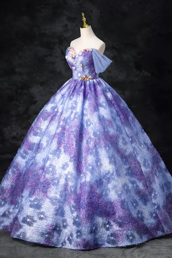 Dreamy Colorful Flowers Purple/blue Prom Dress, Fairy Off the Shoulder A Line Princess Party Gown APP0948