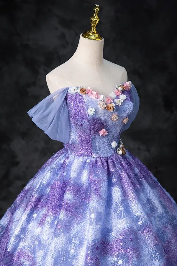 Dreamy Colorful Flowers Purple/blue Prom Dress, Fairy Off the Shoulder A Line Princess Party Gown APP0948