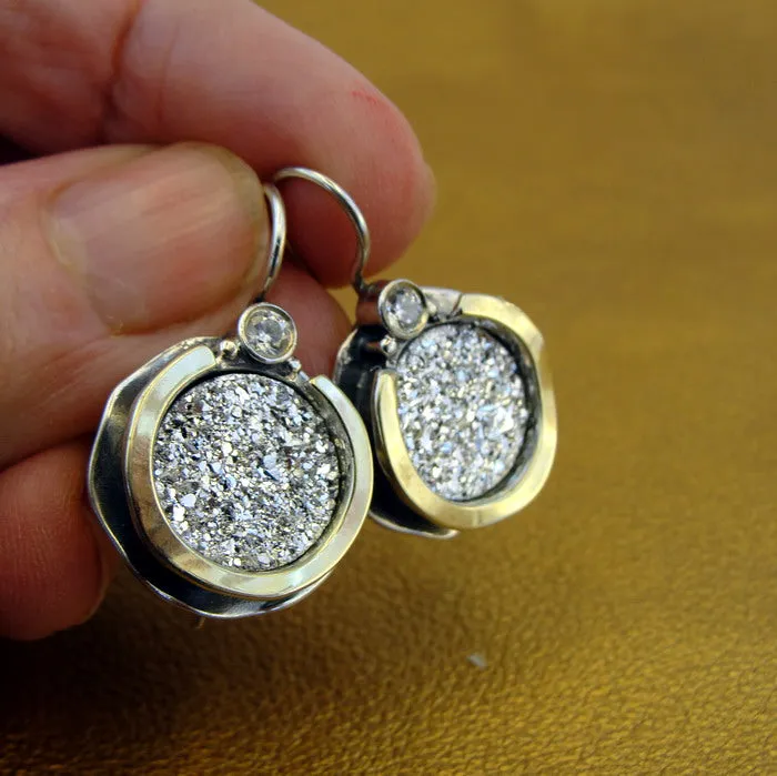 Druzy Zircon Earrings 9k Yellow Gold 925 Silver  Handmade Hadar Designers(ms)