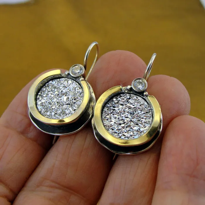Druzy Zircon Earrings 9k Yellow Gold 925 Silver  Handmade Hadar Designers(ms)