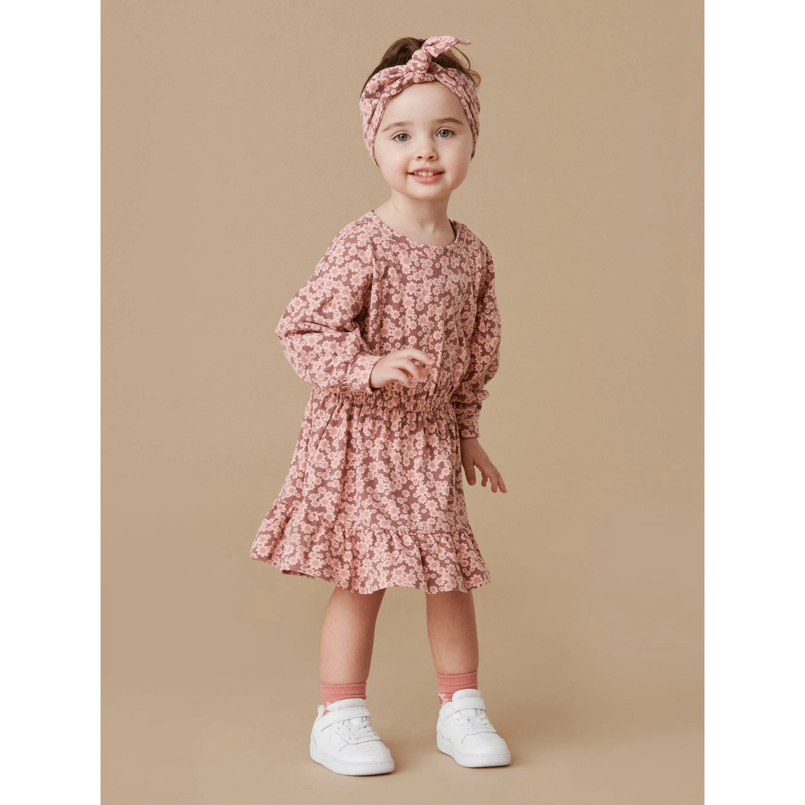 Flower Bear Drop Shoulder Tuck Dress