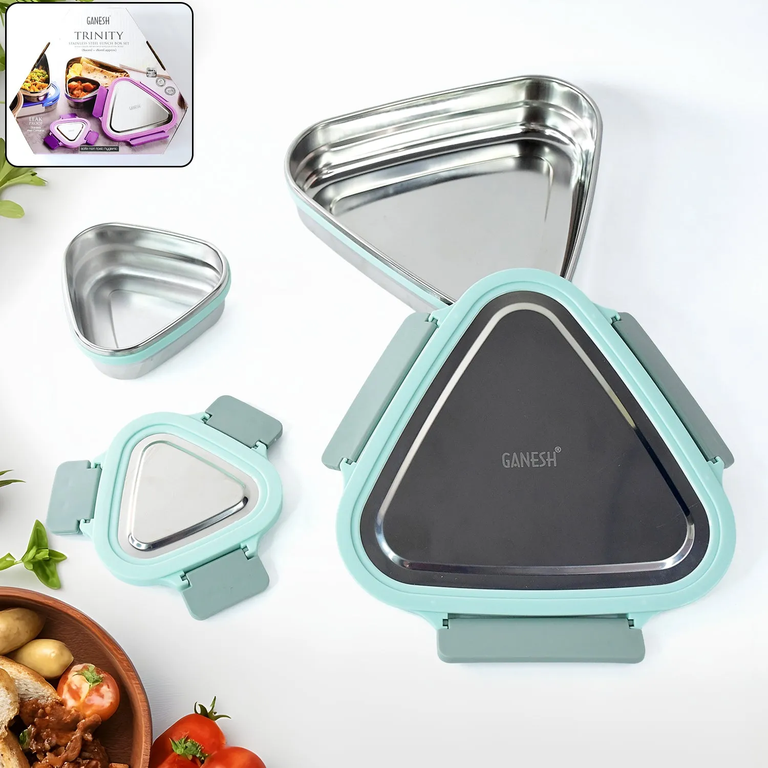 Ganesh Trinity 2-piece Stainless Steel Triangle Lunch Box Set