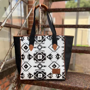 HOOEY  "WHITERIVER" WHITE/BLACK AZTEC PATTERN CLASSIC TOTE PURSE