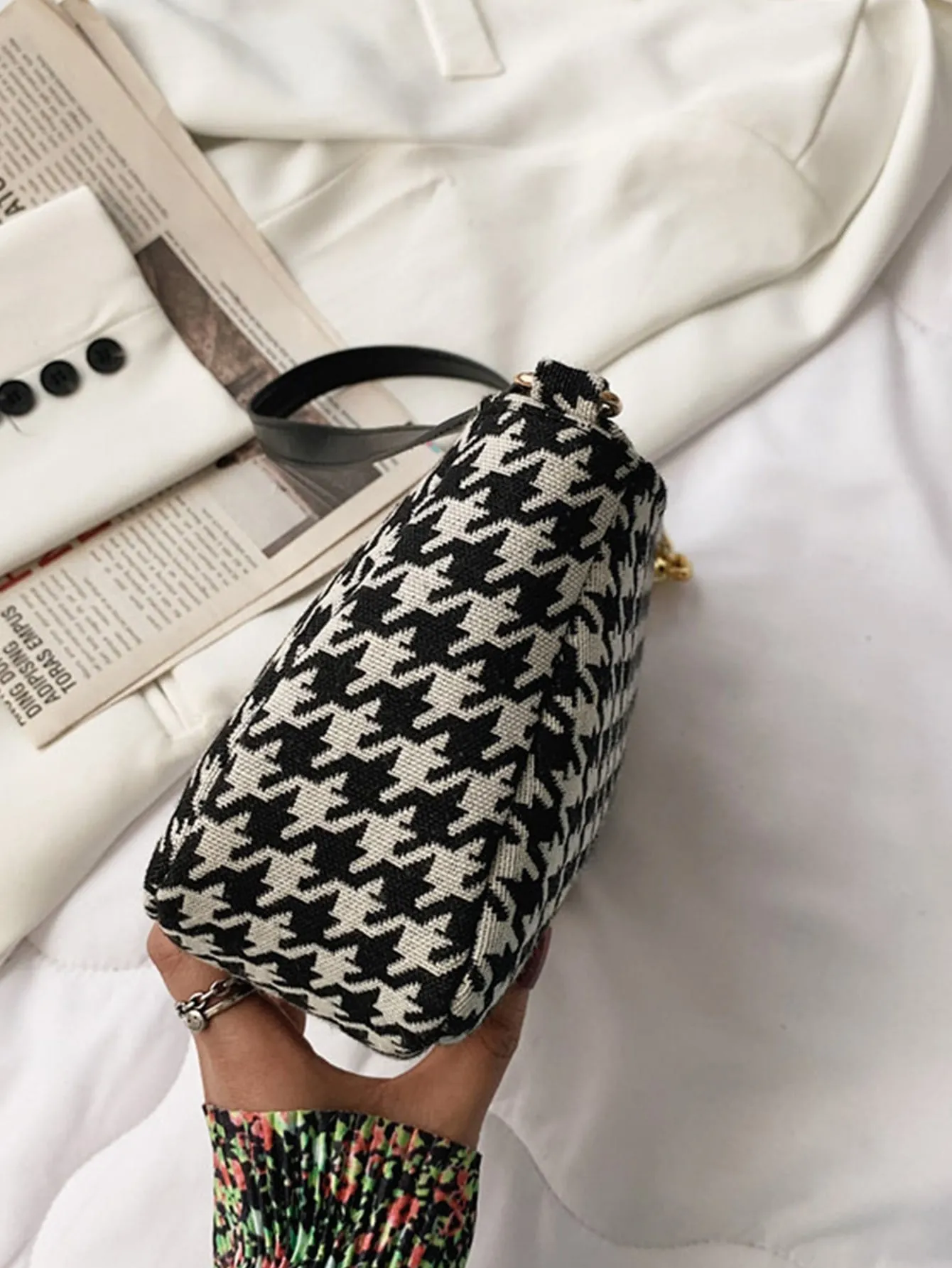 Houndstooth Pattern Baguette Bag - Black and White