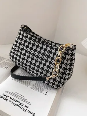 Houndstooth Pattern Baguette Bag - Black and White