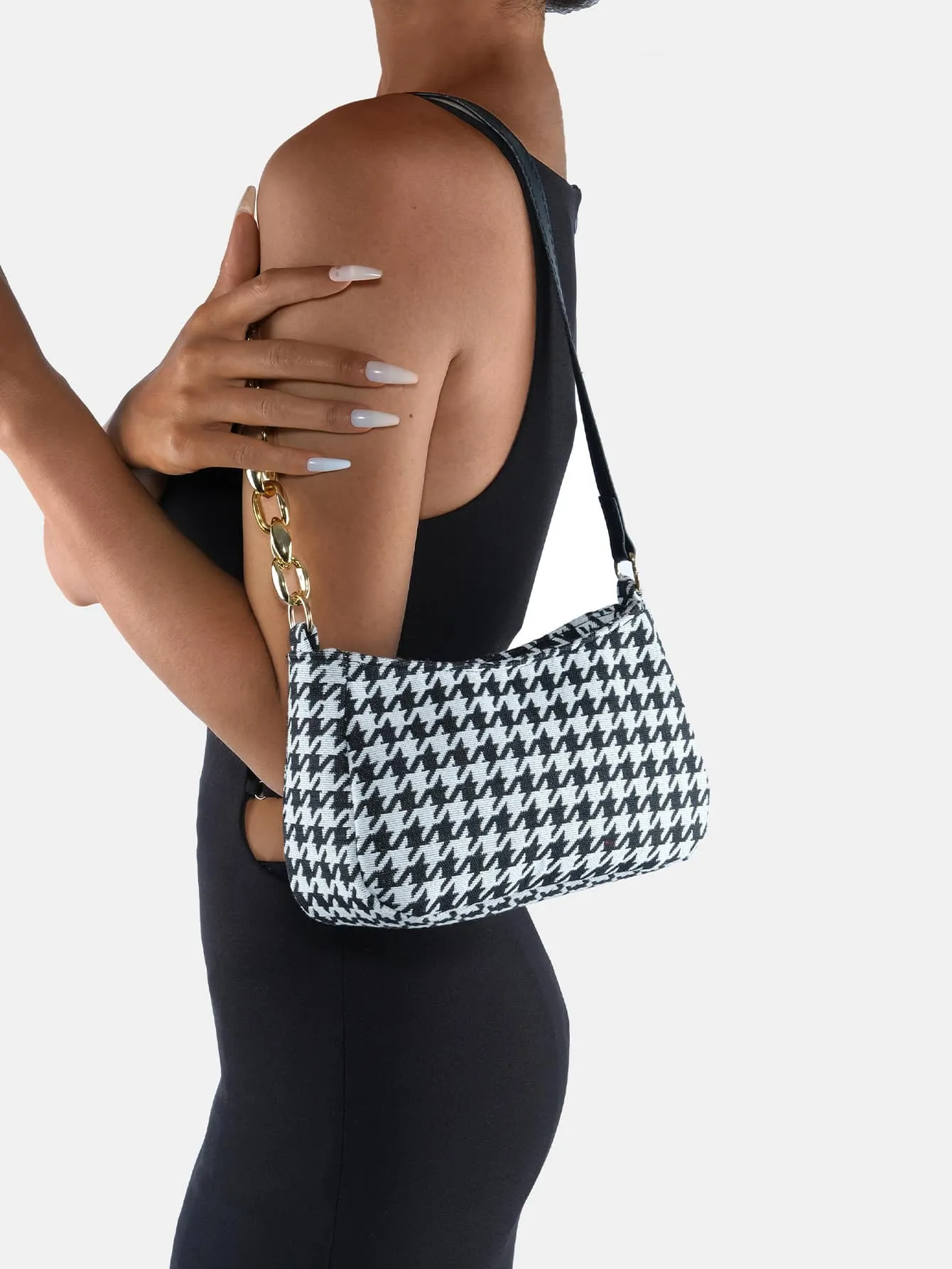 Houndstooth Pattern Baguette Bag - Black and White