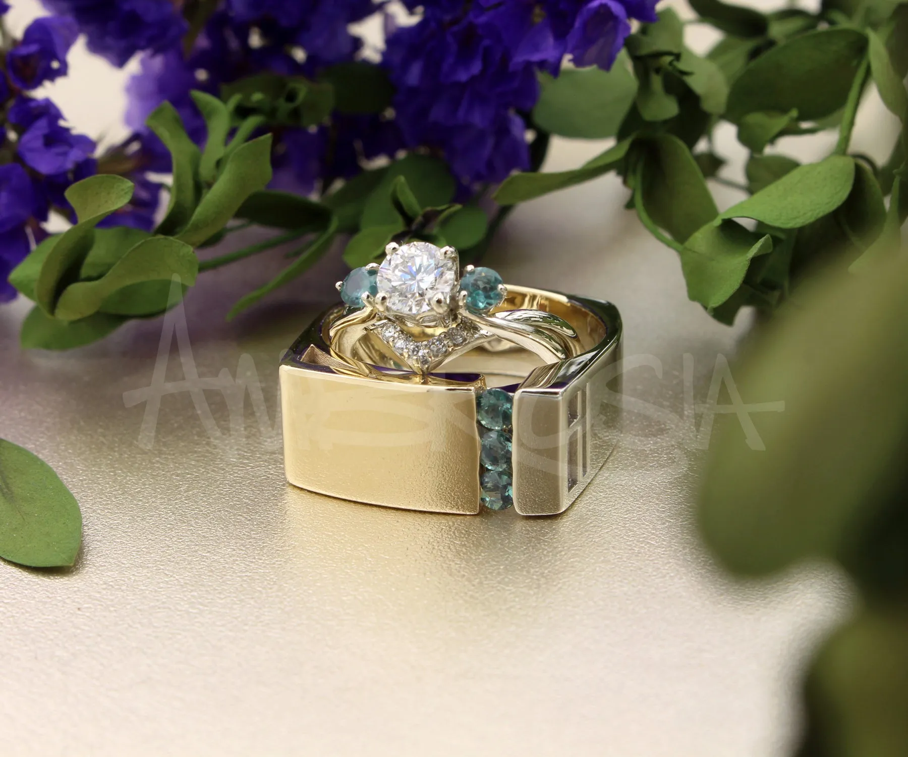Interlocking Diamond Alexandrite Engagement Wedding Ring