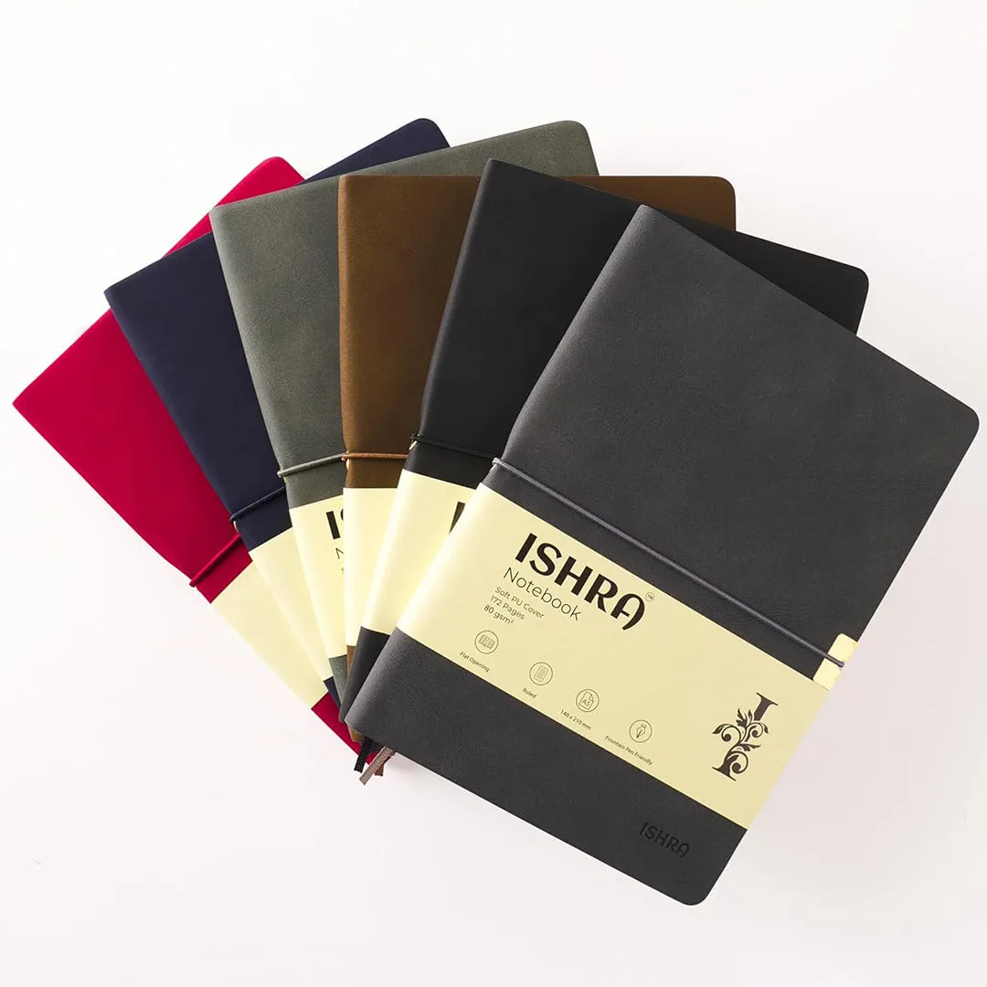 ISHRA A5 Size Ruled Notebook | Ideal Note Book Journal Diary for Work Office Writing Journaling Note Taking Travel | Red Soft Cover| 172 Pages | 80gsm | Fountain Pen Friendly Paper