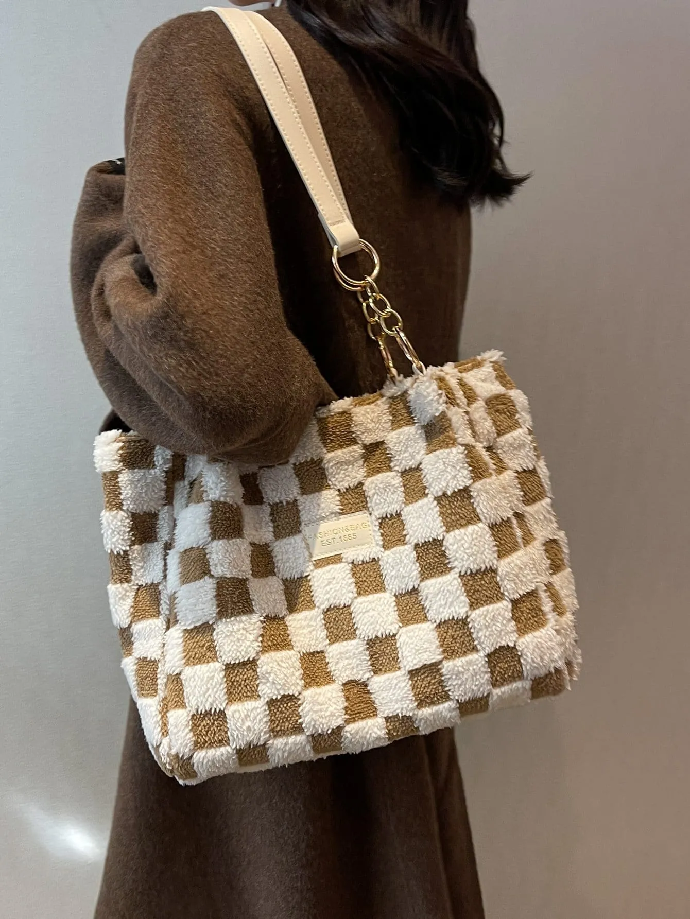 Lightweight Checkered Pattern Letter Patch Decor Fuzzy Shoulder Tote Bag