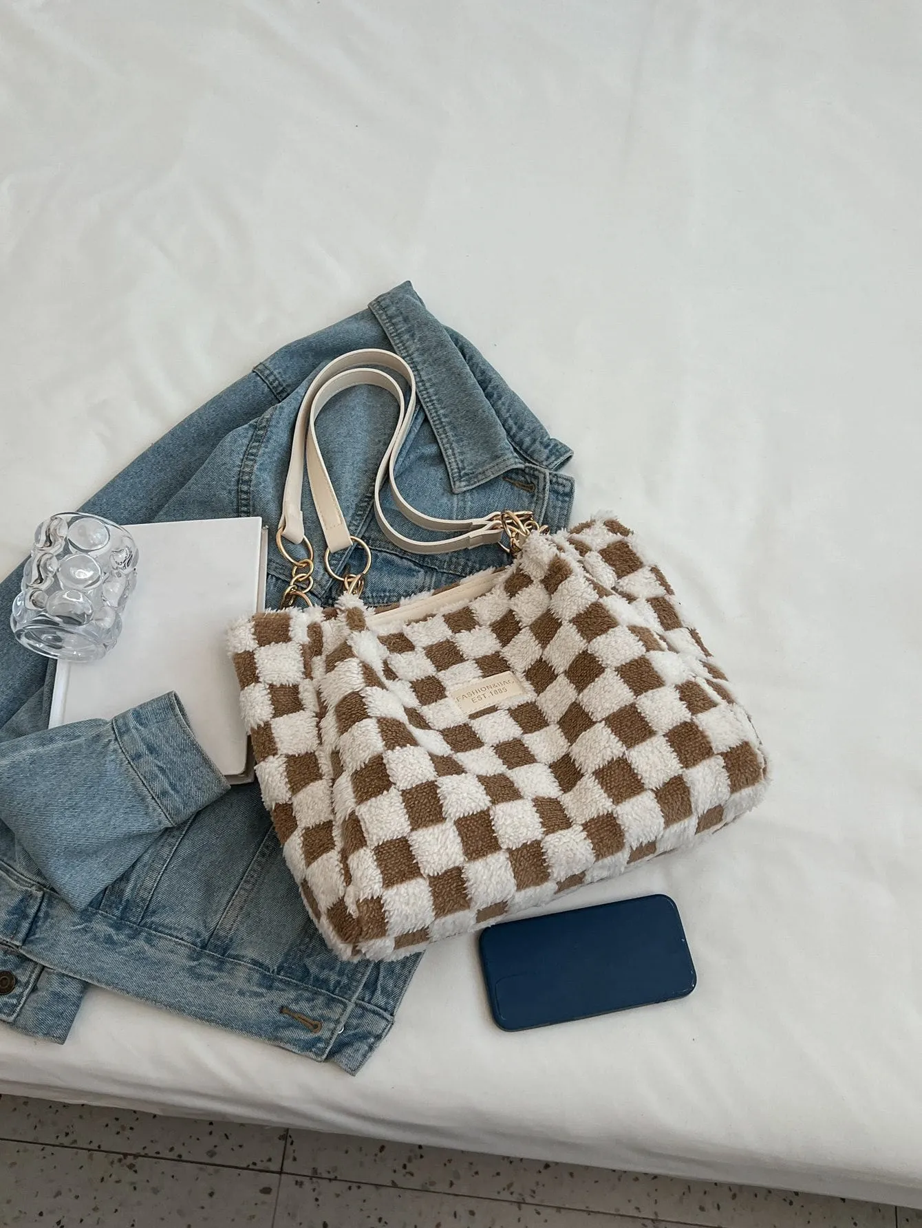 Lightweight Checkered Pattern Letter Patch Decor Fuzzy Shoulder Tote Bag