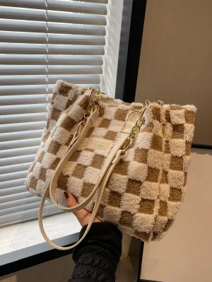 Lightweight Checkered Pattern Letter Patch Decor Fuzzy Shoulder Tote Bag