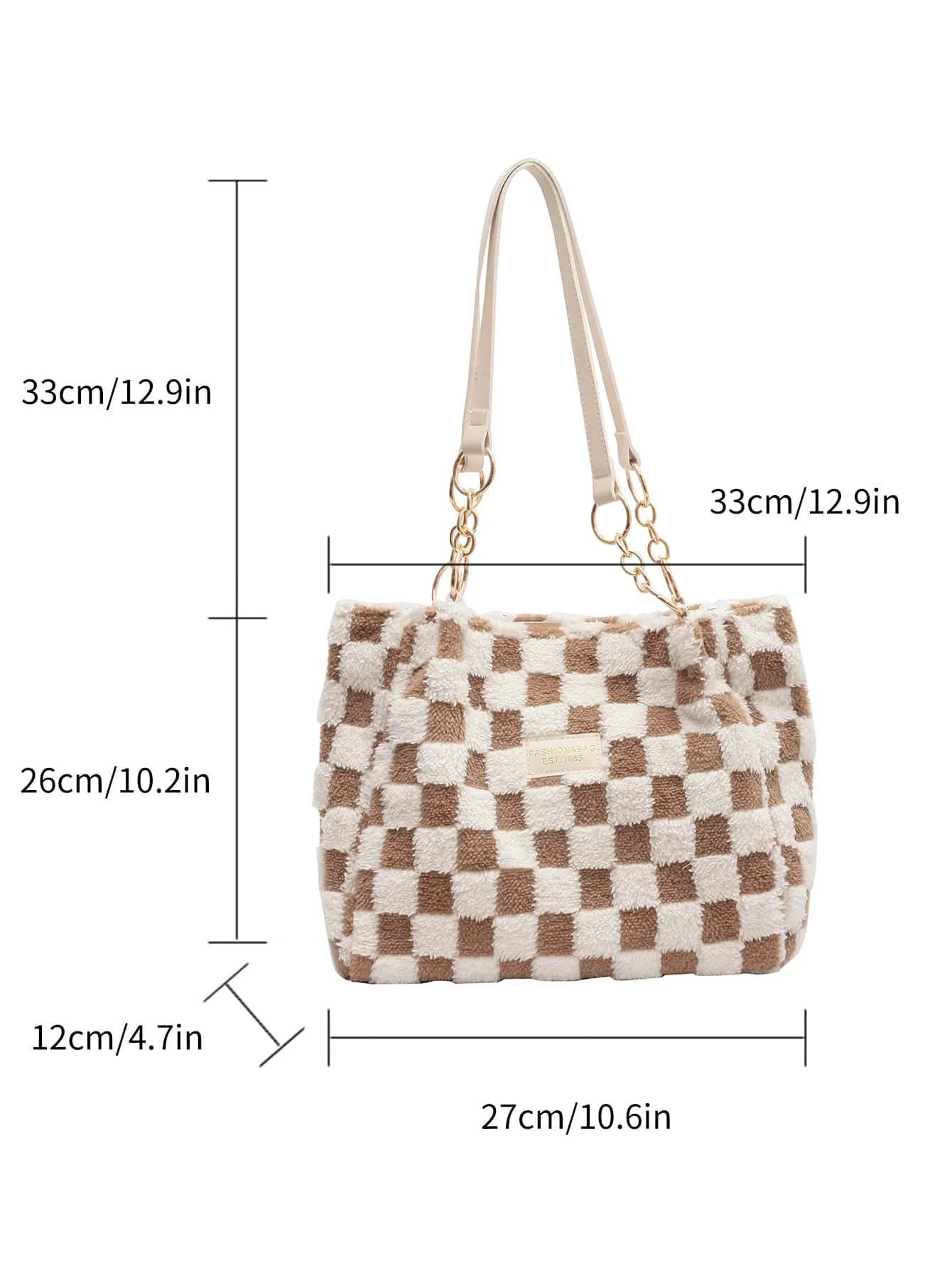 Lightweight Checkered Pattern Letter Patch Decor Fuzzy Shoulder Tote Bag