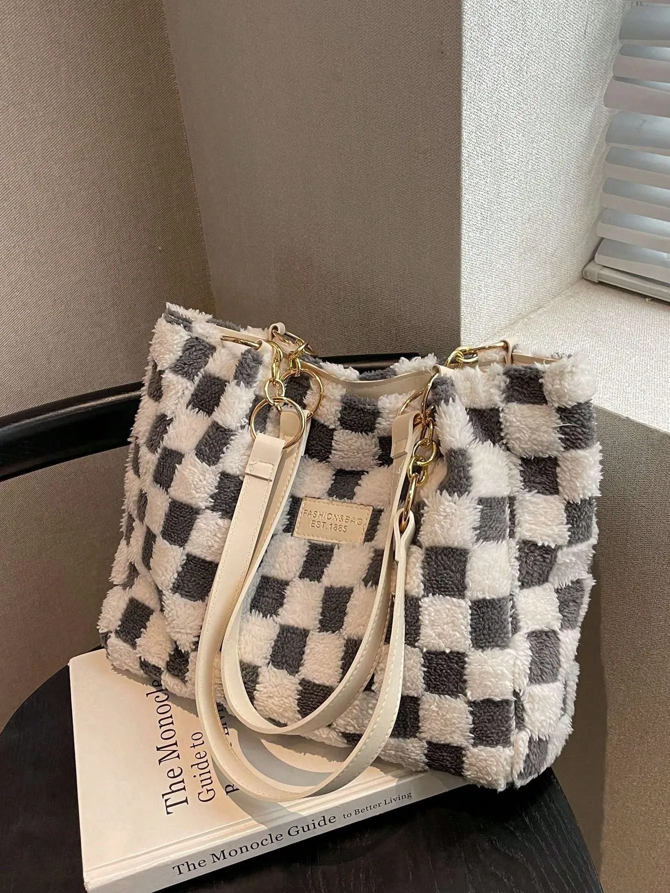 Lightweight Checkered Pattern Letter Patch Decor Fuzzy Shoulder Tote Bag